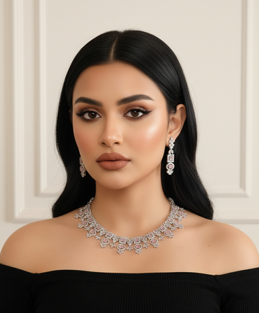 Pink Stone American Diamond Necklace Set