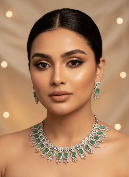 Pastel Green And White Stone American Diamond Necklace Set