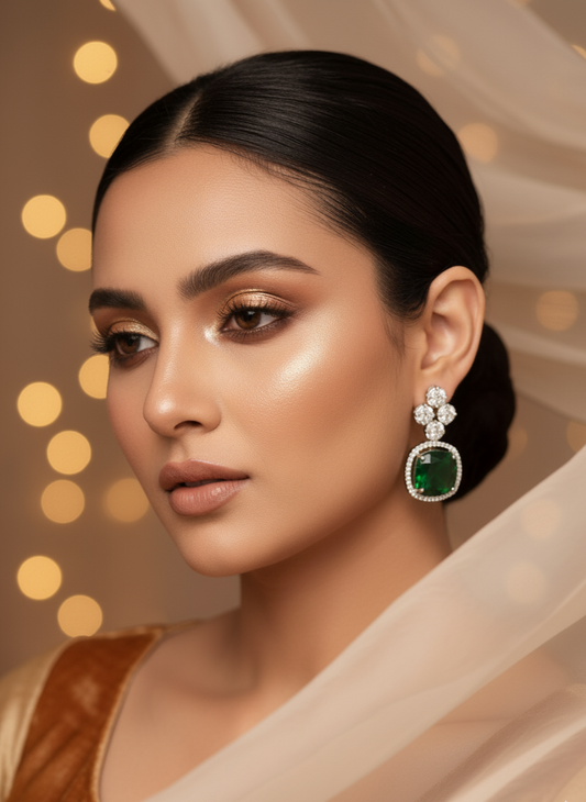 Green and White Stone American Diamond Earrings