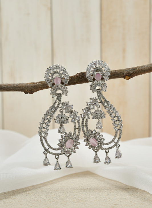 Pastel Pink and White Stone American Diamond Earrings