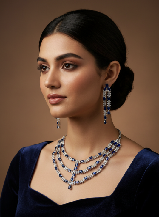 Blue & White Stone American Diamond Necklace