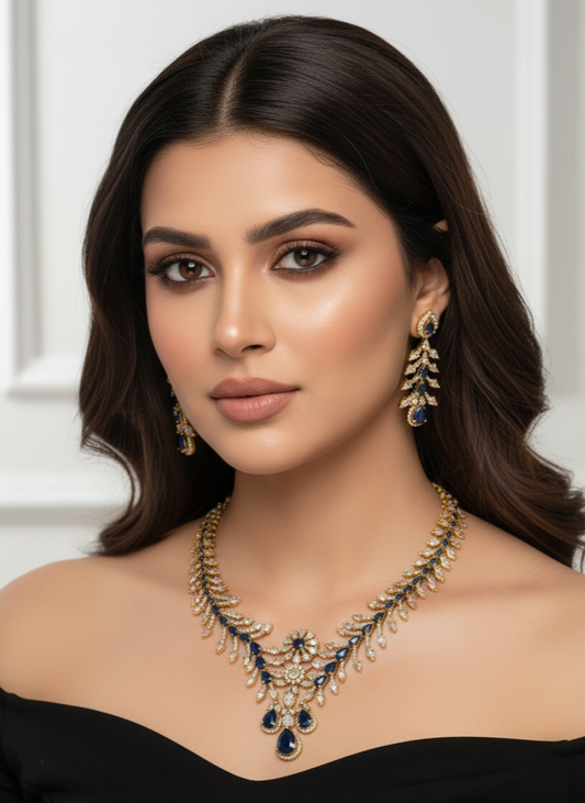 Blue Stone Gold Plated American Diamond Necklace