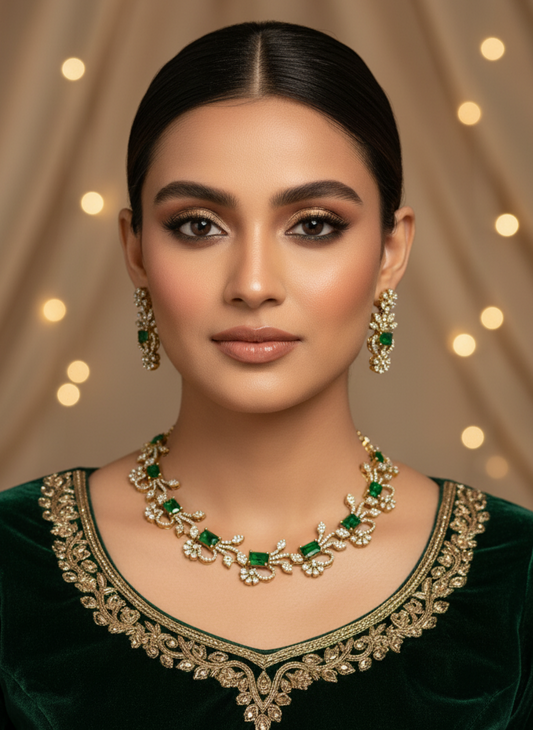 Green Stone Gold Plated American Diamond Necklace