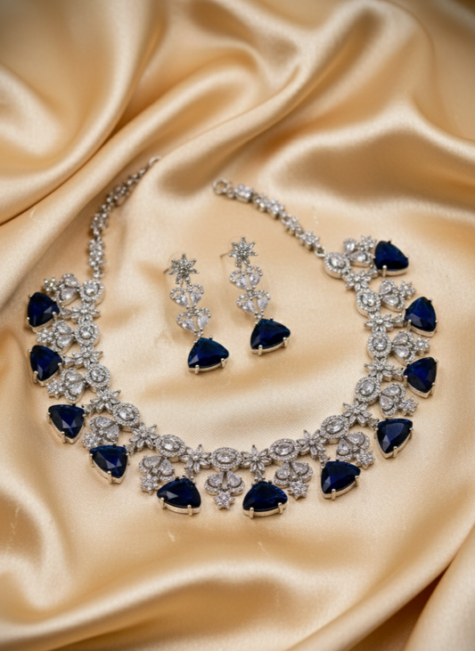 Blue and White Stone American Diamond Necklace