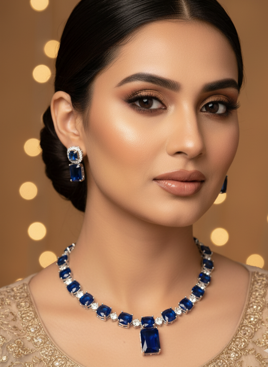 Blue Stone American Diamond Necklace Set