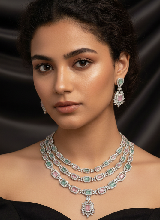 Pastel Green and Pink AD Necklace