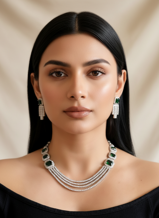 Victorian Style Green Stone American Diamond Necklace