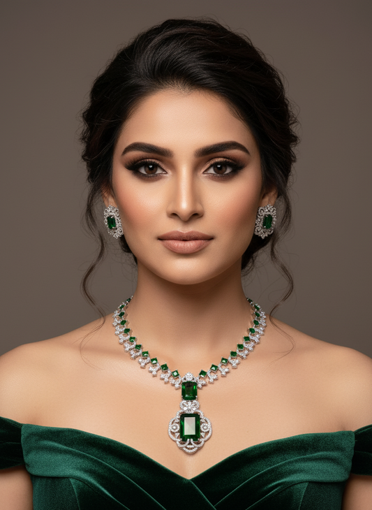 Green & White Stone American Diamond Necklace
