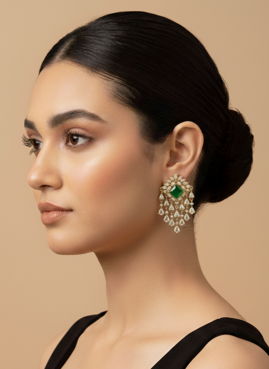 Green and White Stone American Diamond Earrings