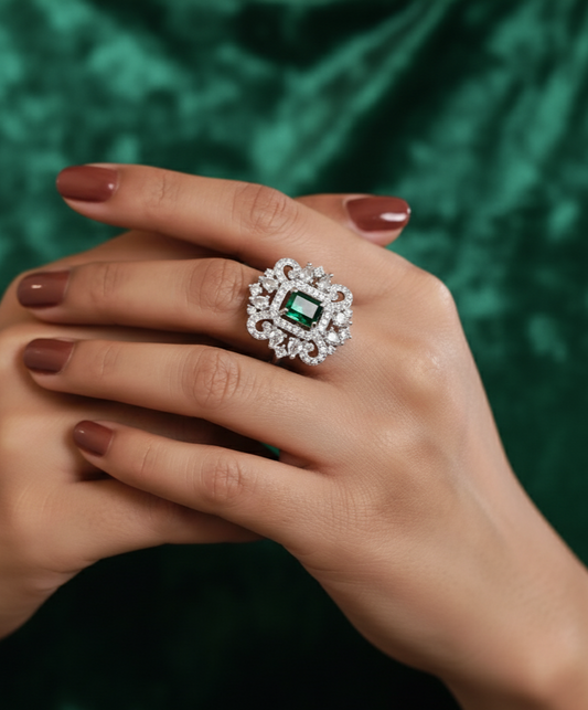 Green & White Stone American Diamond Finger Ring