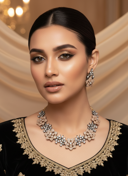Black & Rose Gold Metal American Diamond Necklace