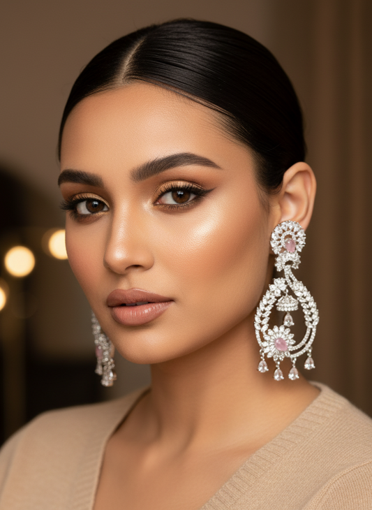 Pastel Pink and White Stone American Diamond Earrings