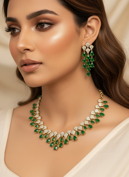 Green Stone Gold Plated American Diamond Necklace