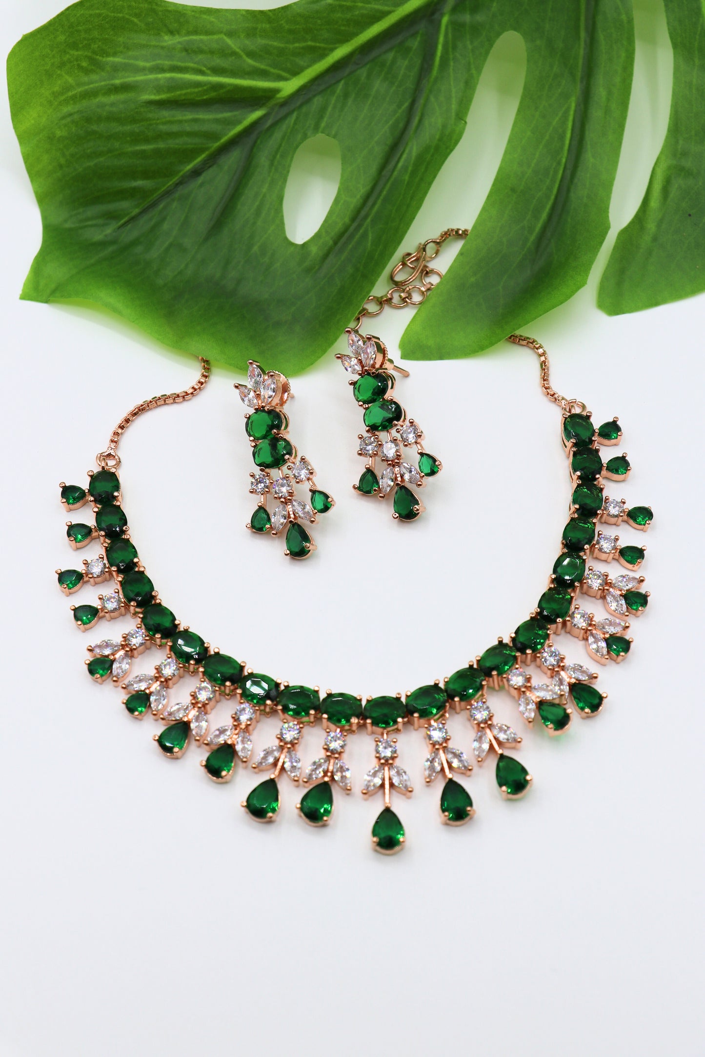Green Stone American Diamond Necklace Set