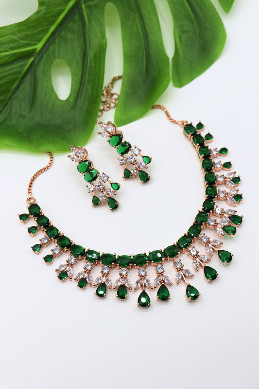 Green Stone American Diamond Necklace Set