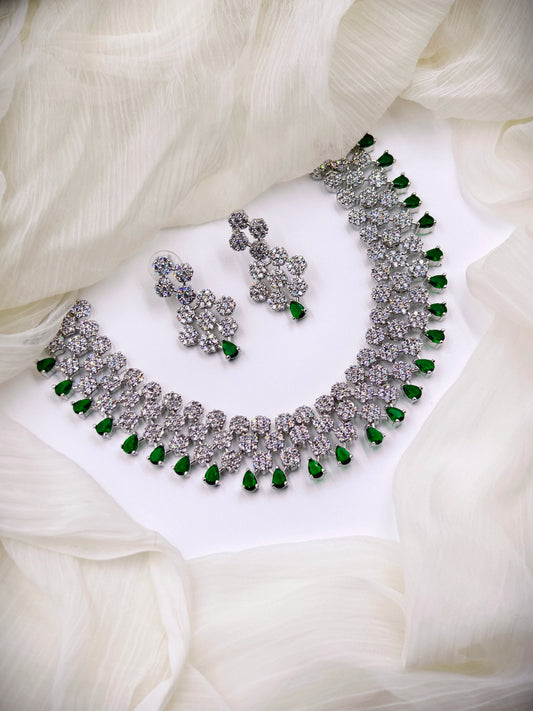 Green & White Stone American Diamond Necklace