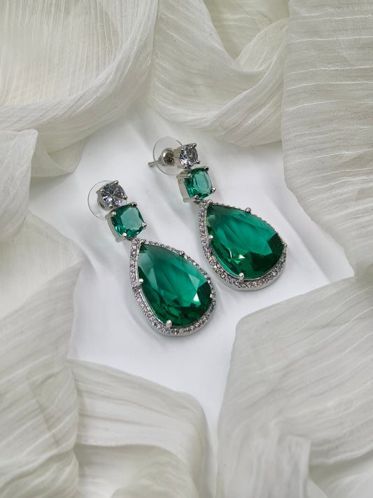 Green and White Stone American Diamond Earrings