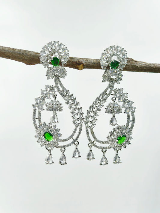 Green and White Stone American Diamond Earrings