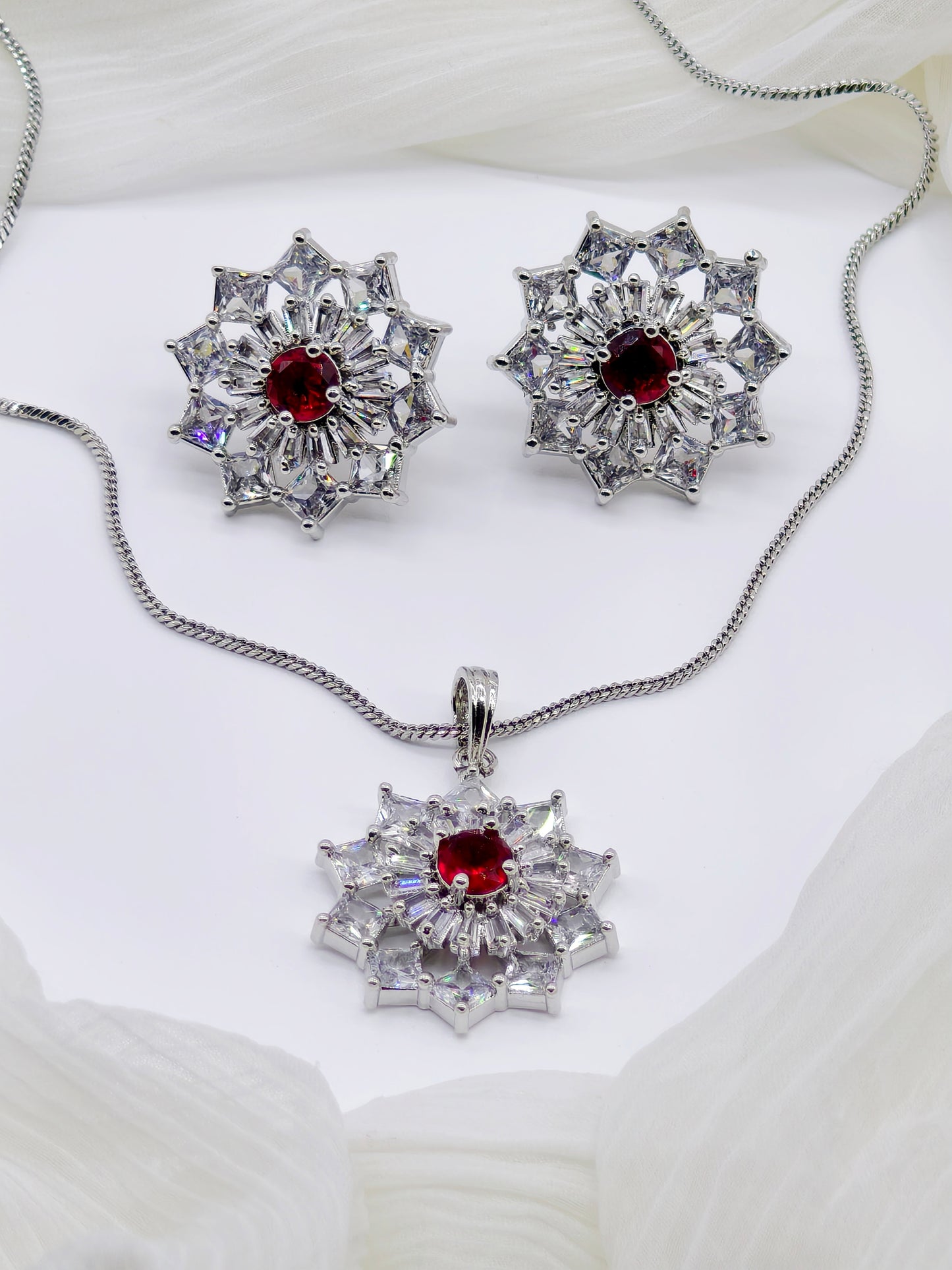 Red & White Stone American Diamond Chain Necklace