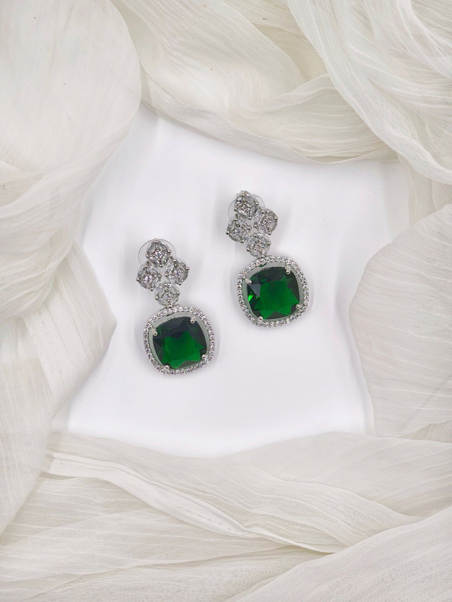 Green and White Stone American Diamond Earrings