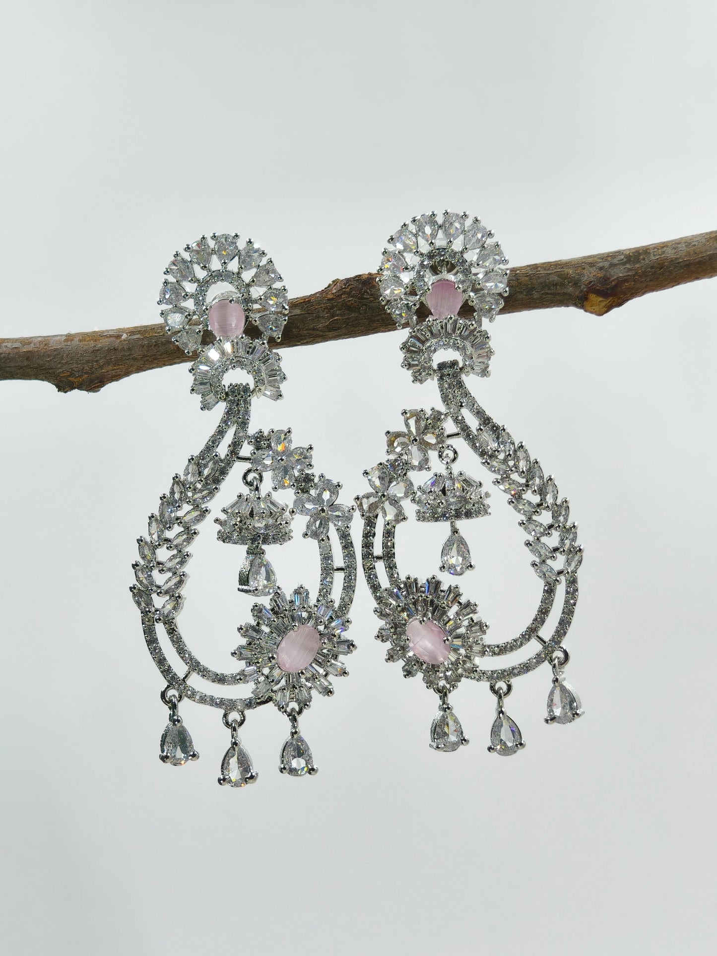 Pastel Pink and White Stone American Diamond Earrings