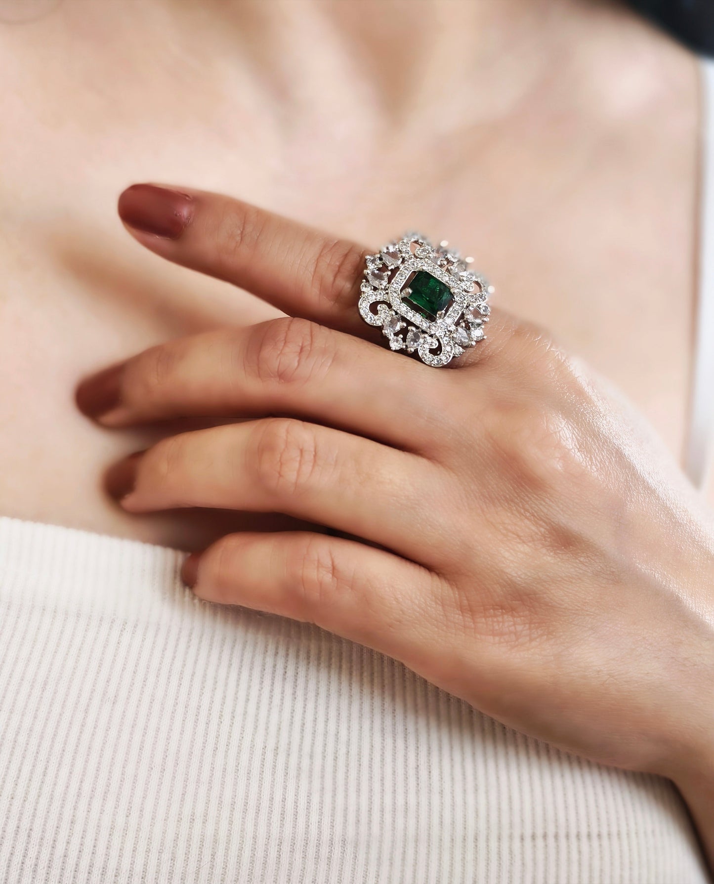 Green & White Stone American Diamond Finger Ring